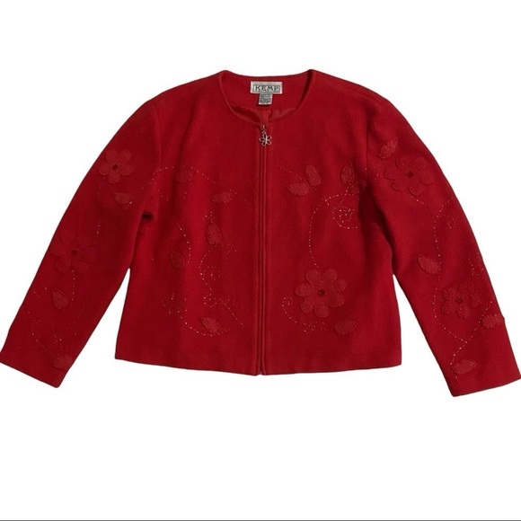 Vintage Red Floral Felted Appliqué Blazer Jacket  Sz 12 Beaded - Picture 2 of 13